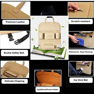 Moto Shield Deluxe Car Seat Organizer – Multi-Pocket PU Leather Storage Bag for Phones, Bottles, Tissues & Umbrella (Beige)