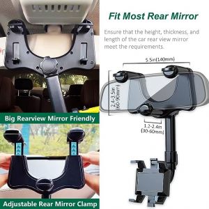 360 Degree Rotatable & Retractable Car Rearview Mirror Phone Holder - Black
