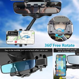 360 Degree Rotatable & Retractable Car Rearview Mirror Phone Holder - Black